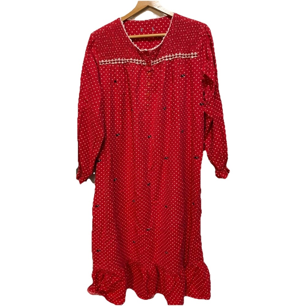 Vintage Granny Red PolkaDot Nightgown Long Sleeve Ruffle Hem Smocked Neckline 1X